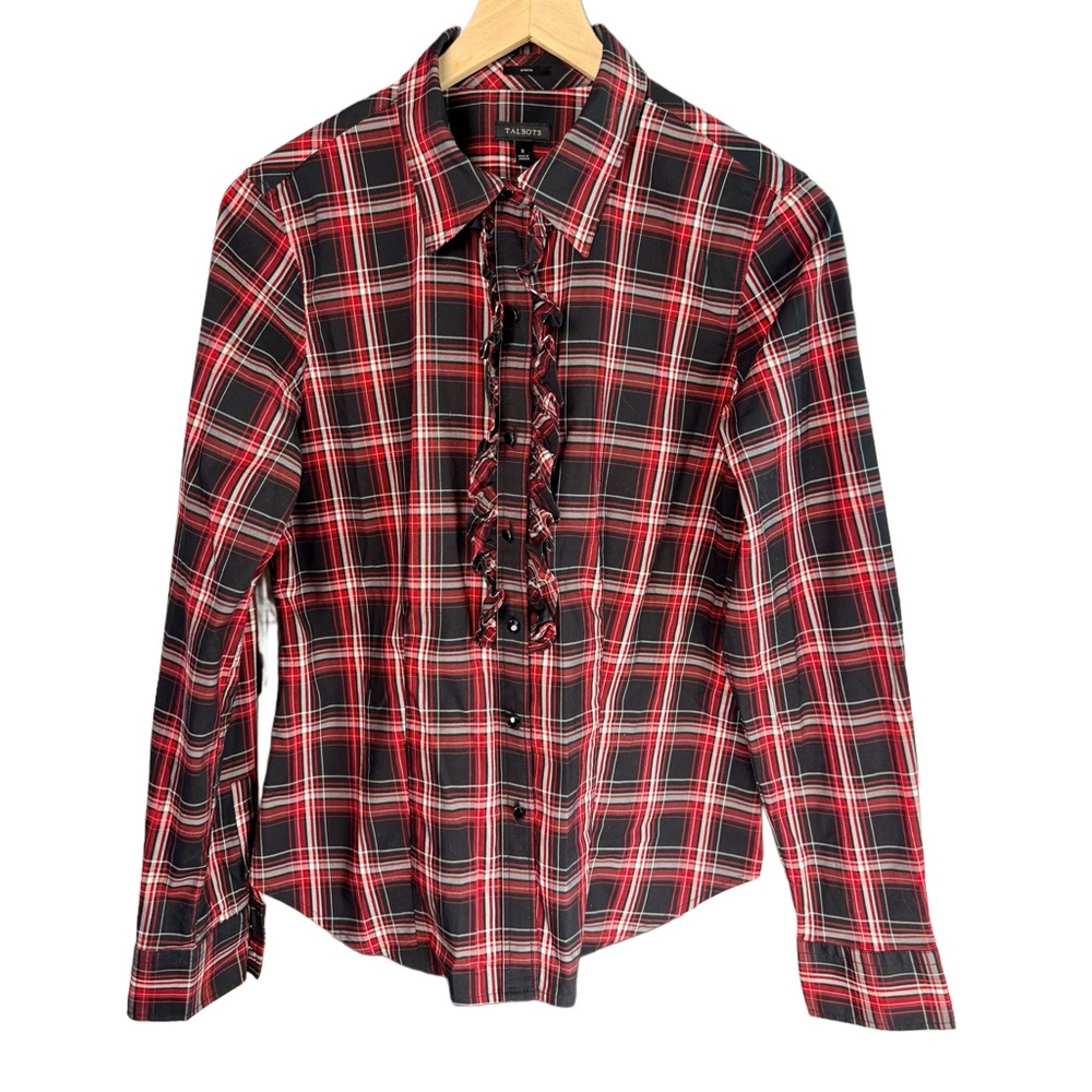 Talbots Plaid Ruffle Button-down Shirt | Red & Black | Size 8